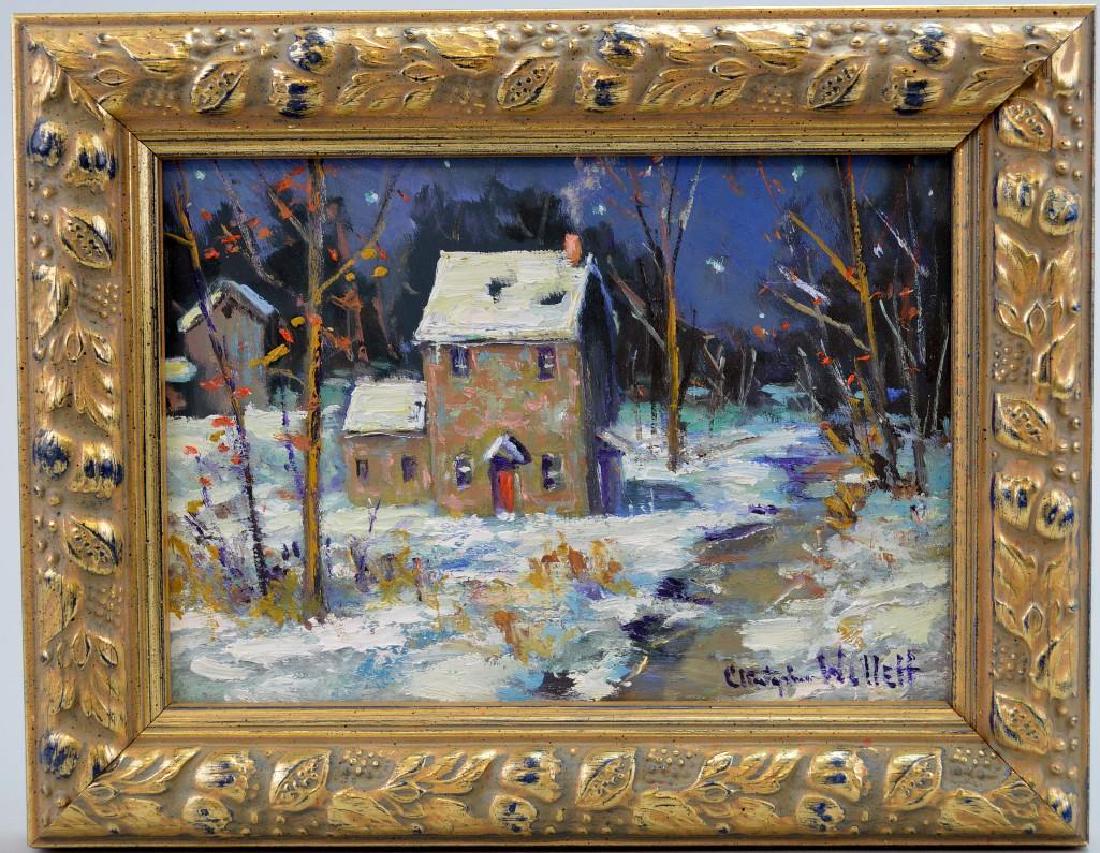 Christopher Willett (PA, b.1959) "January Night": Oil on board, SLR, en verso reads "January Night Upper Bucks County PA Christopher Willett". 5"h x 7"w