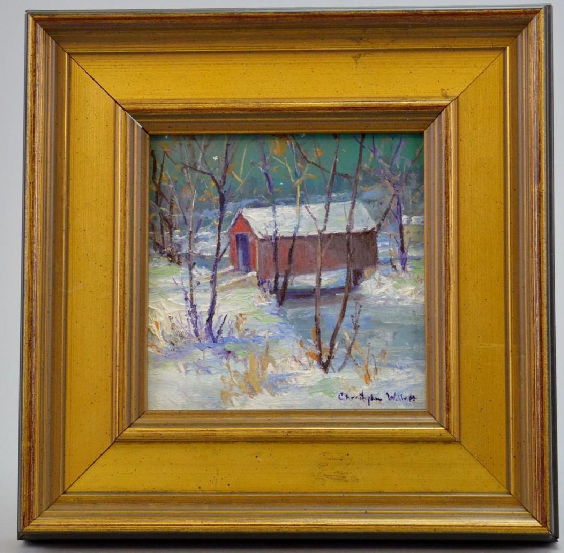 Christopher Willett (PA, b.1959) "The Crossing": Oil on board, SLR, en verso reads " The Crossing Timicum Creek;-Bucks County PA Chris Willett." 5"h x 5"w