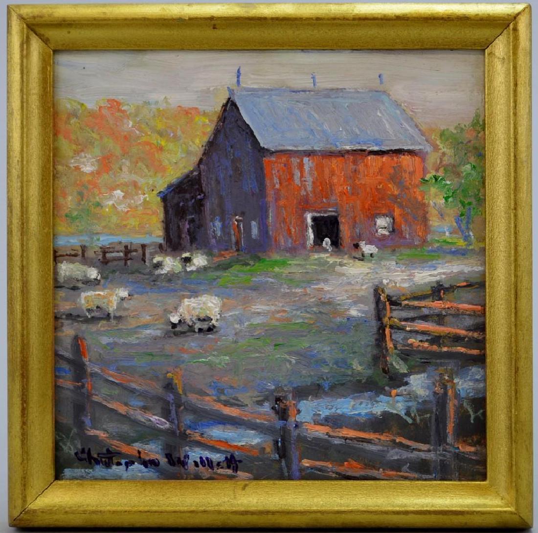 Christopher Willett (PA, b.1959): Oil on board, farm scene, SLL, 5"h x 5"w