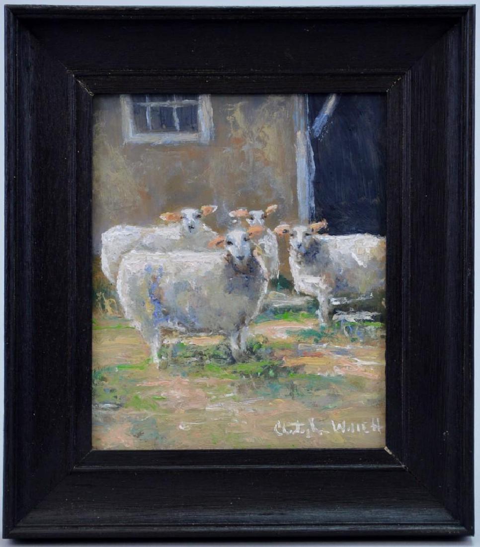 Christopher Willett (PA, b.1959) "Sheep at Ruths": Oil on board, en Verso "Christopher Willett, Sheep at Ruths Spinnersville PA Bucks County." 6"h x 5"w