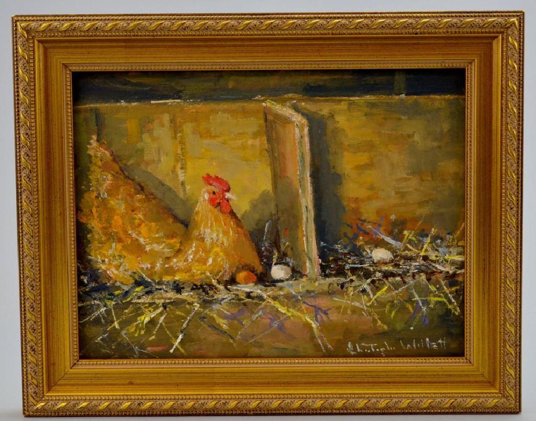 Christopher Willett (PA, b.1959) "Hen House": Oil on board, SLR, en verso reads "Hen House, Upper Bucks County, Haycock PA Christopher Willett" 6"h x 8"w
