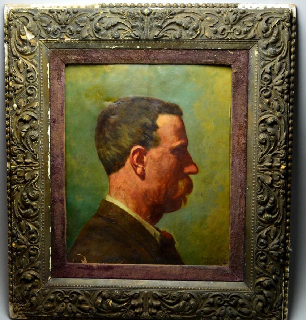 Thomas Eakins (PA, 1844 - 1916) - Attributed: Untitled. Oil on canvas, laid on board. SDLR EAKINS 1881. Has loss to lower left corner, small tear on lower right corner, and repair to rear of subjects head. 16.75"h x 13.5"w