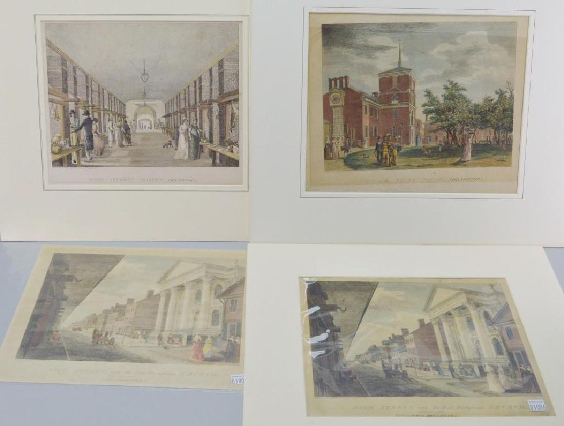 W. Birch Philadelphia Engravings: "High Street," unframed but matted 16"h x 17.75"w. "Back of the State House," unframed but matted 16.75"h x 19"w . (2) "High Street Market" one matted 16"h x 17.5"w.