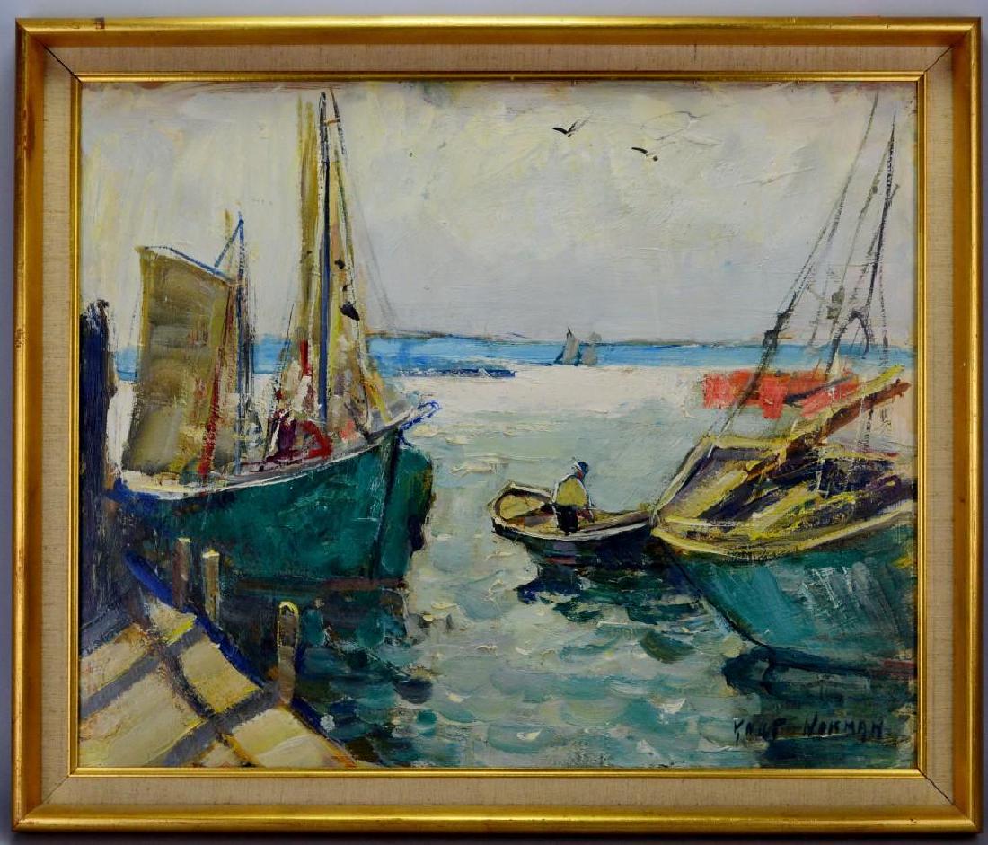 Knut Norman (Sweden 1896-1977): oil on board, harbor scene. SLR, "Knut Norman" 23"h x 27"w