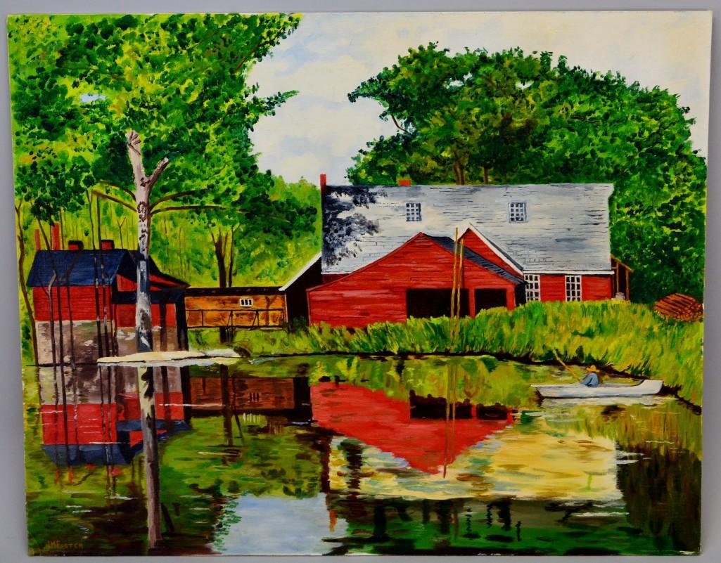 John Foster (PA, 20th century): oil on board, "Red Barn (New Hope), SLL JM Foster. 23.75"h x 30"w