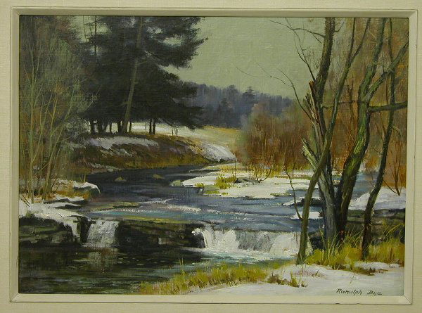 Ranulph Bye.: Titled "Broadhead Creek", winter landscape, oil on board, 16 x 22", SLR: "Ranulph Bye". Artist: b.1916, Pennsylvania.