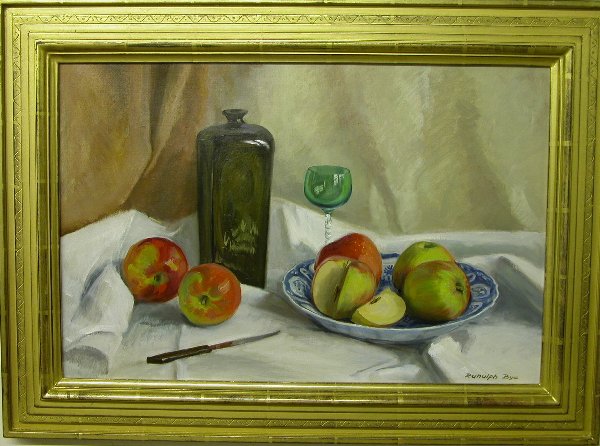 Ranulph Bye.: Still life with apples, dated 1972, oil on canvas, 16 x 24", SLR: "Ranulph Bye". Artist: b.1916, Pennsylvania.