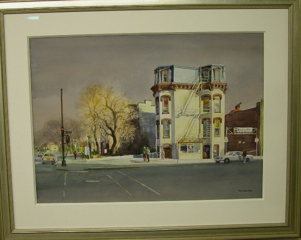 Ranulph Bye.: Titled "Capitol Corner", 11th St., Washington, DC, dated March 25, 1986, watercolor, 20 1/2 x 28 1/2" sight, SLR: "Ranulph Bye", verso with Phillips Mill and Adirondacks National Watercolor exhibition