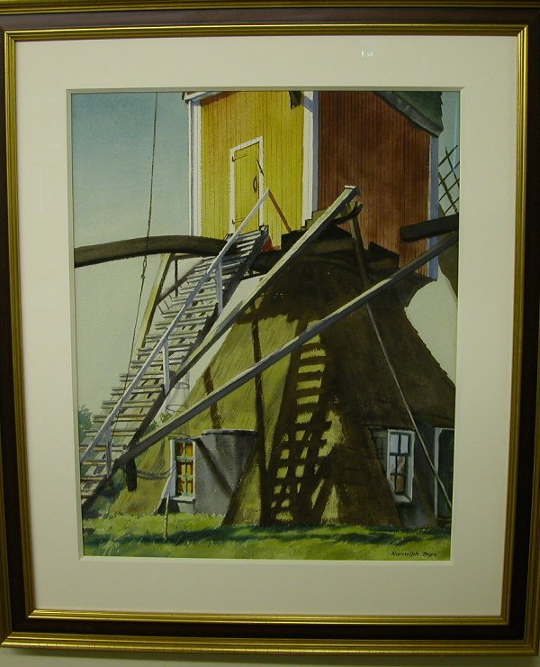 Ranulph Bye.: Industrial view of mill, watercolor, 26 x 21" sight, SLR: "Ranulph Bye". Artist: b.1916, Pennsylvania.