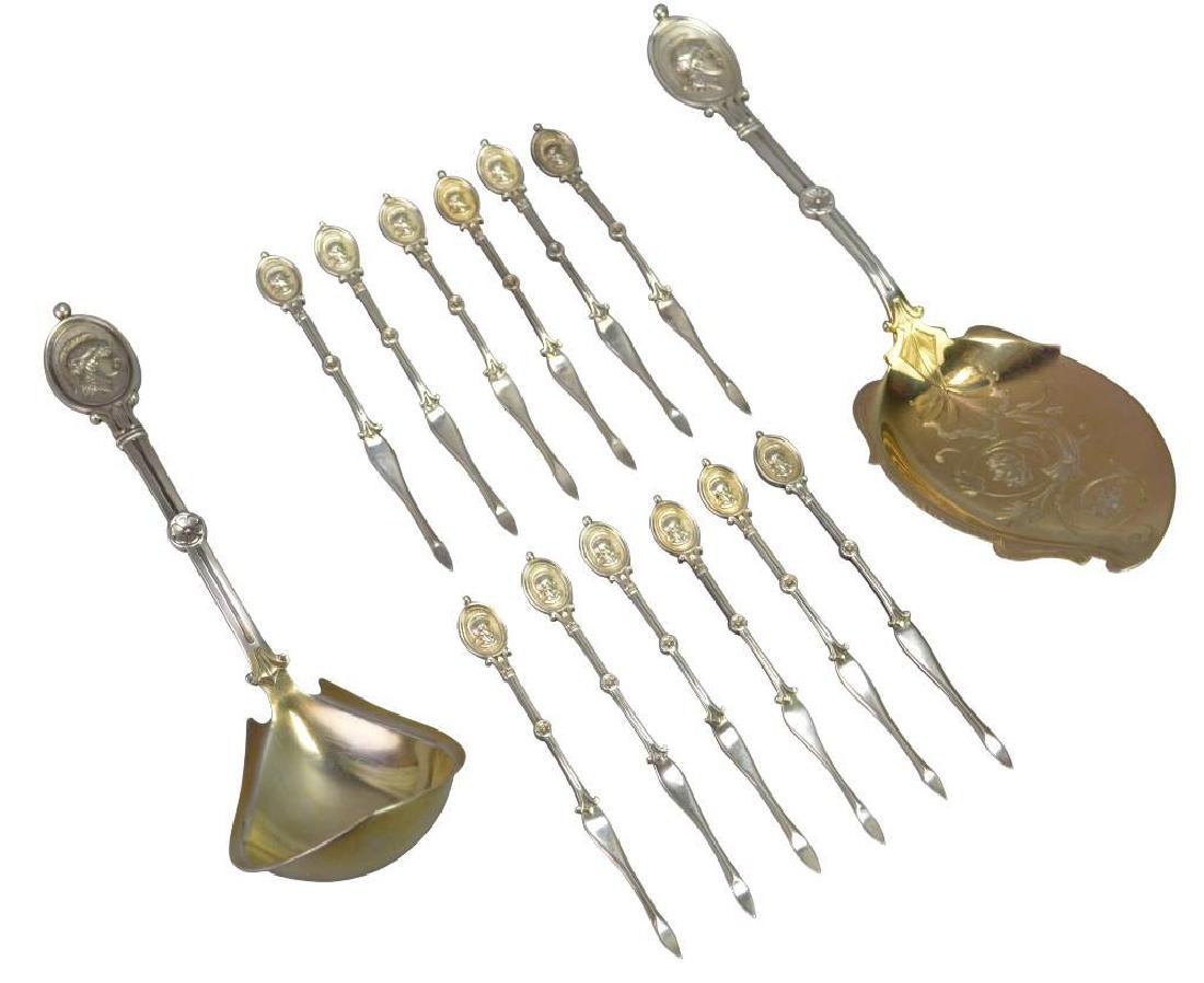 Ball, Black and Co. Sterling Silver Medallion Tableware: Aspic, ladle and (12) nut picks. 9.3ozt.