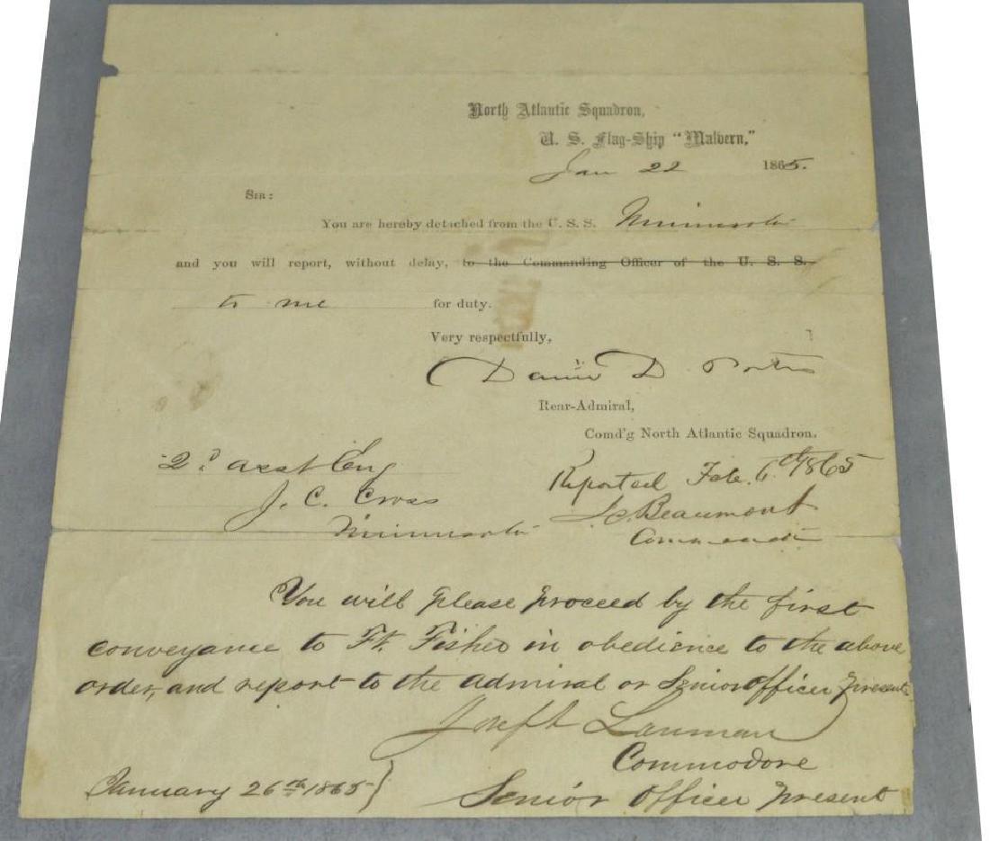 Autograph of Civil War Admiral David Dixon Porter: Double autographed Civil War Navy document by Admiral David Dixon Porter (1813-1891). ADS measuring 9.75" x 8.25" headed U.S. Flagship Malvern dated January 22, 1865. Document instructing Engineer J.C