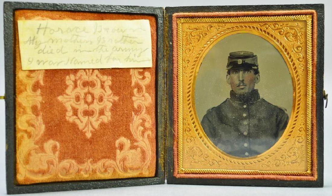 Civil War Ambrotype of Private Horace Brown-10th New: Sixth plate ruby ambrotype of Civil War soldier Private Horace Brown, Company E, 10th New Hampshire Volunteer Infantry. Image shows Brown in bust view wearing a 9-button uniform jacket and kepi. Image