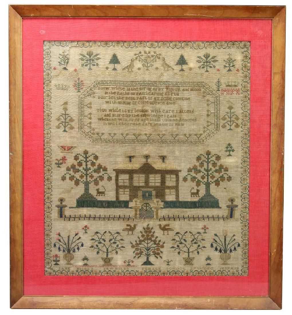 1839 Child's Sampler: Cross stitch sampler by Jane Nisbet, 13 yrs old. Architectural, floral, and avial design. 18"h x 15.5"w