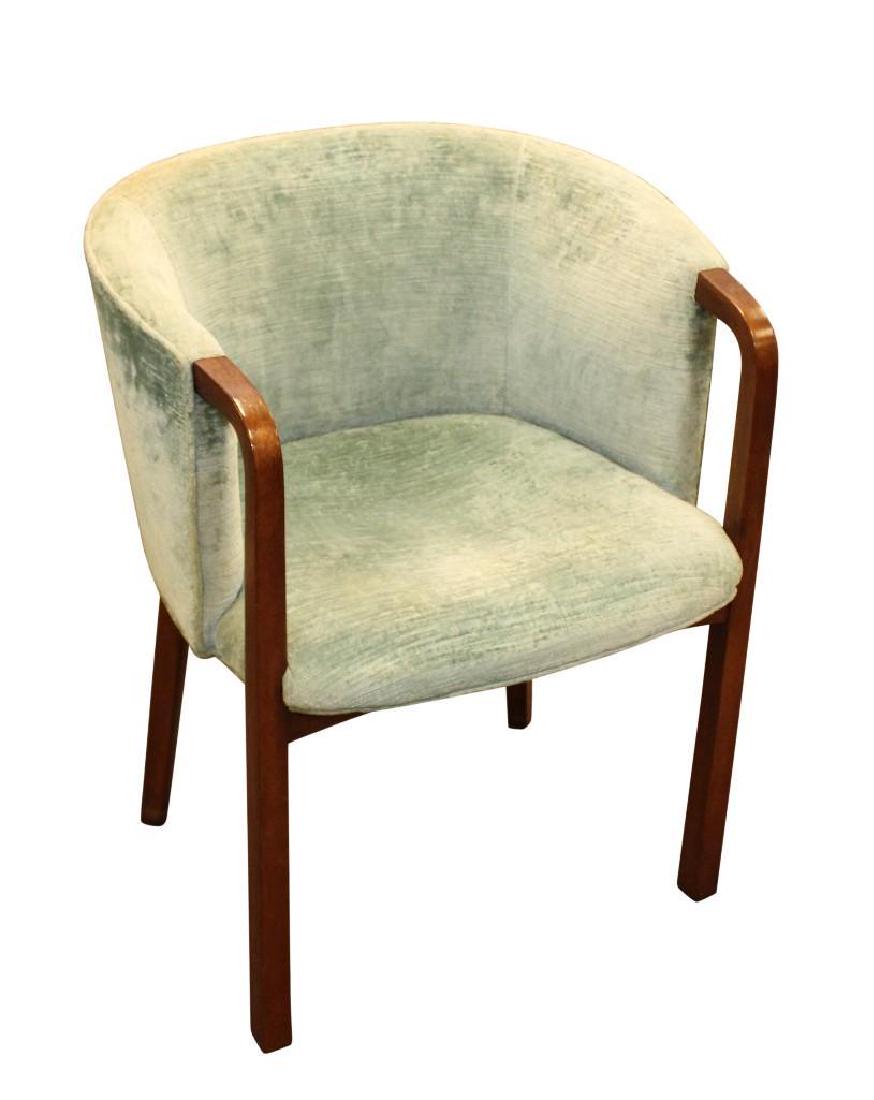 Dunbar Barrel Chair: Walnut, bentwood arm chair, turquoise upholstery, retains label. 30.5"h x 24"w x 22"d