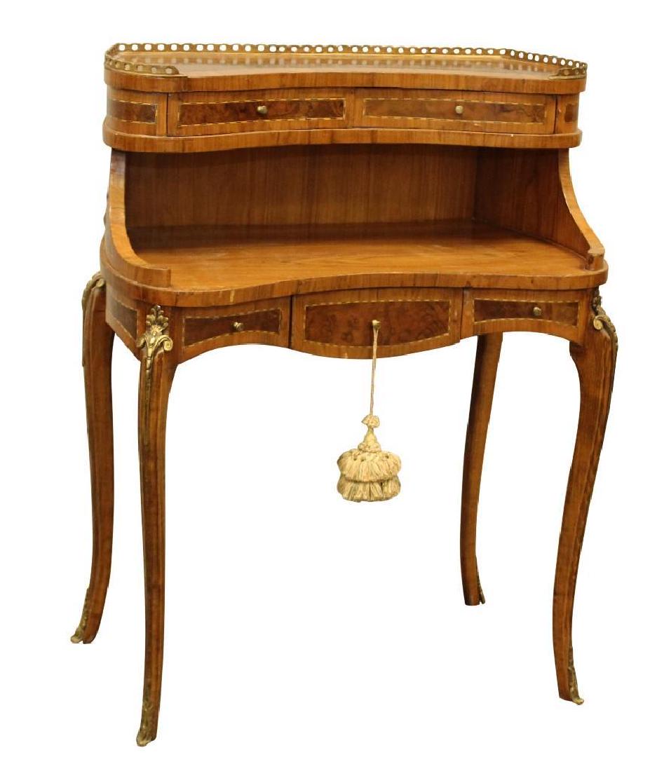 French Writing Desk: 20th c. 2 drawers over 1 drawer, mixed woods, banded inlay, ormolu mounts and gallery. 39.5"h x 30"w x 16.5"d