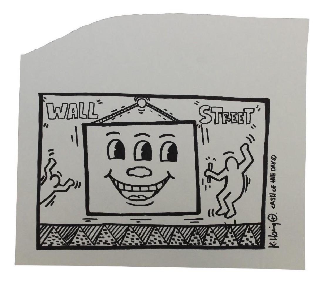 Keith Haring (NY, PA 1958 - 1990): Black marker on paper, "Wall Street". Signed, dated and attributed, "K. Haring Cash Of The Day" En verso, signed "K. Haring 83, 6:00AM".