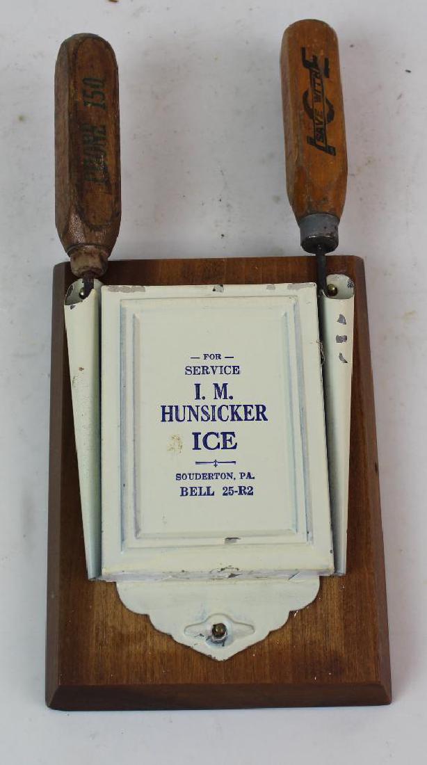 I. M. Hunsicker Ice Pick Holder: I. M. Hunsinger ice pick holder, Souderton PA, holds two ice picks, 10" high.
