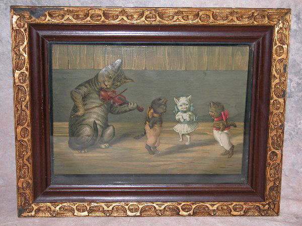 German Musical Picture.: Picture features tin figures of adult cat playing fiddle and kittens dancing, tin figures move in conjunction with music box attached to back, 8 3/4 x. 12" sight. Condition: missing key, losses to fra