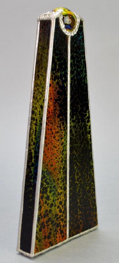 Jeff Durst Kaleidoscope: Triangular glass and metal with spheres at end. Grey, black, green, orange. Textured glass. 10"h