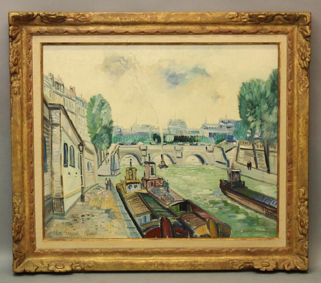Johannes Schiefer (1896 - 1979): Oil on canvas, "La Seine, Paris" SLR. Max Granick frame. 20"h x 24"w