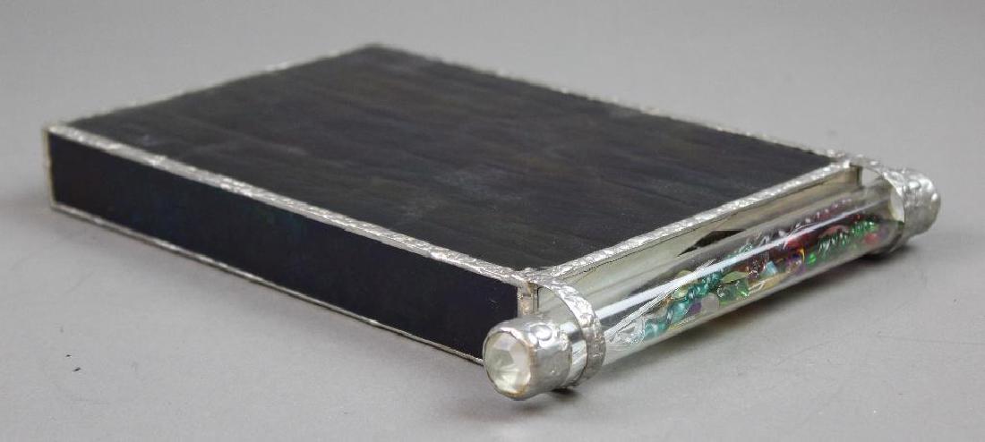"Twin Peaks" Kaleidoscope: Black, glass and metal rectangular with cylinder tube end and cylinder tube spinner. S/P "Twin Peaks". 8"