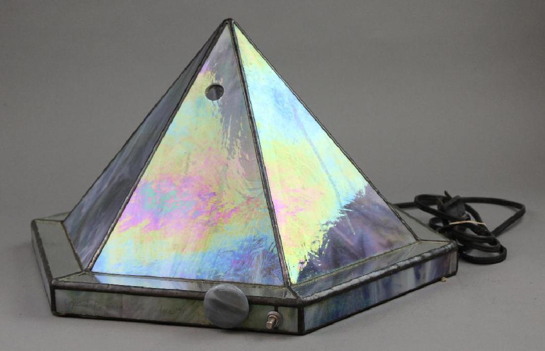 Bob Ade Kaleidoscope, "Crystal Pyramid": Six sided opalescent glass pyramid- electric. 10". Crystal Pyramid", by Bob Ade.