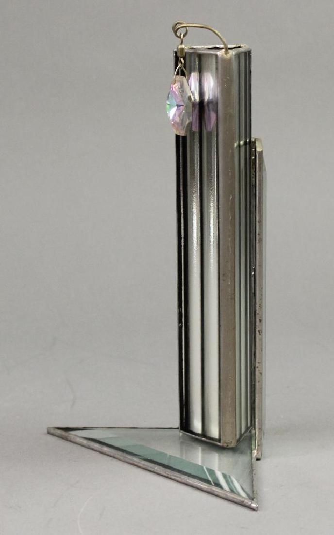 Triangular Metal Kaleidoscope: Triangular metal with hanging prisms. 8" and glass stand.