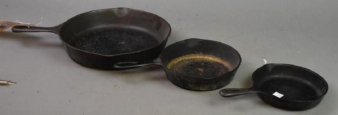 Cast Iron Skillets: Includes three skillets 6”, 8” and 12”, some rust.