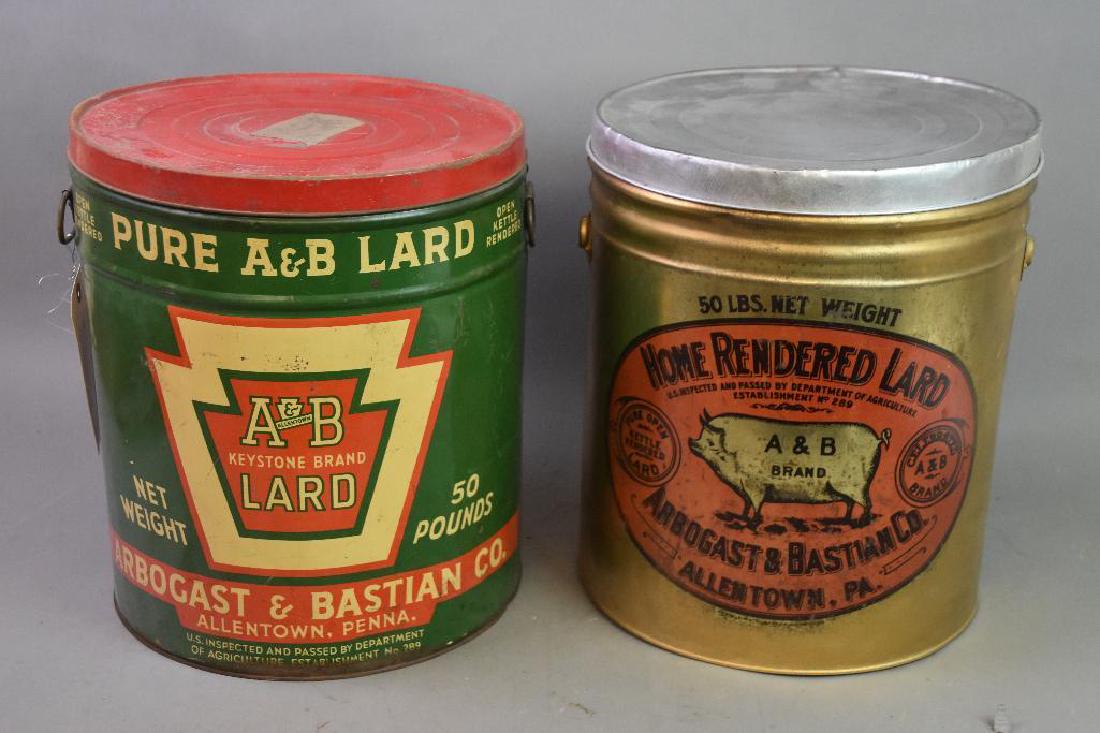 2 Lard Tins: 2 Arbogast & Bastian, 1 green and 1 gold, 50lbs.