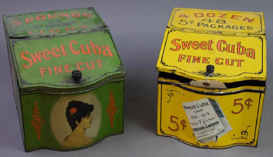 Two Sweet Cuba Tobacco Tins: Measures 8"w x 10"d x 8"h.