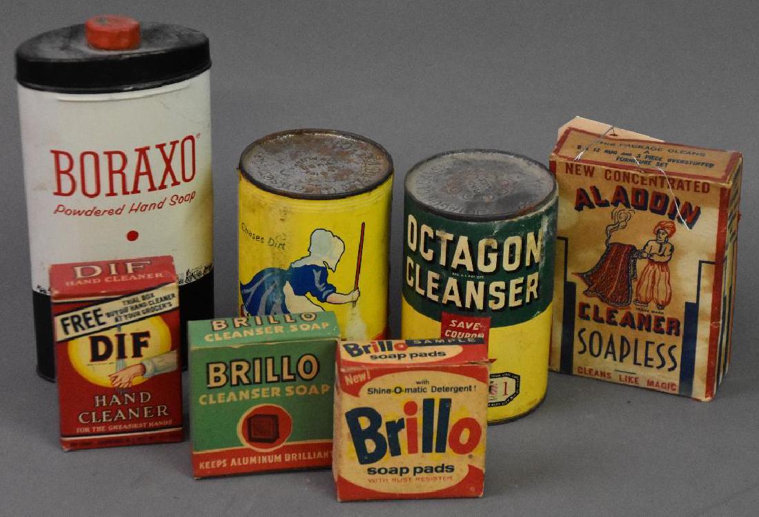 7 Cleaning Products Tins/Boxes: Borax soap, Dif, Old Dutch, 2 Brillo boxes, Octagon, and Aladdin, tallest 7".