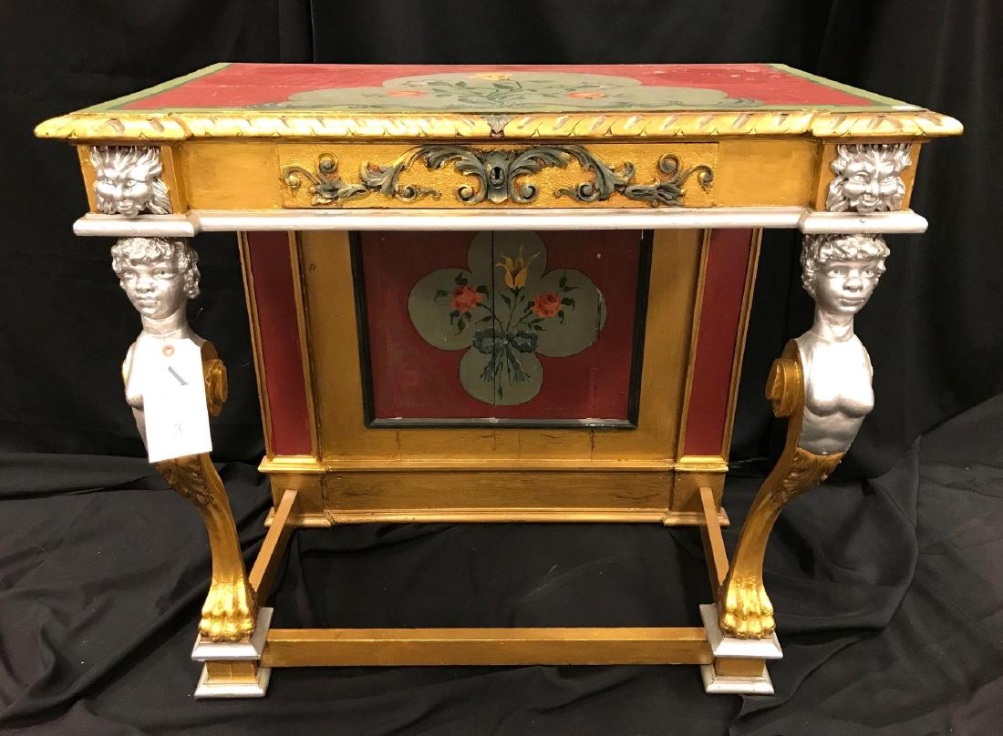 Pier Table: Hand painted decoration, figural carved stiles, single drawer, 37"w x 22.5"d x 35"h.