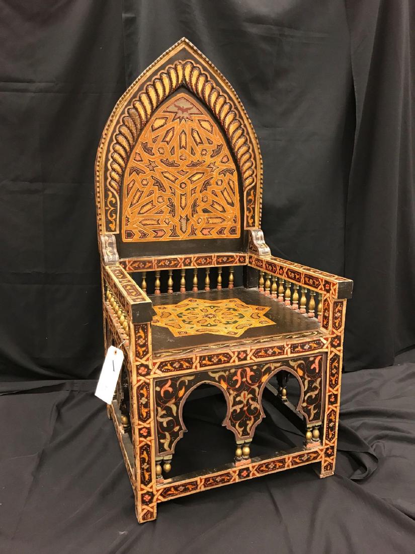 Paint Decorated Bishop's Chair: Gothic, carved, painted arm chair. 23.5"w x 51.5"d x 23"h.