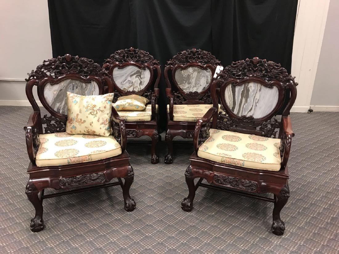 Chinese Ornate Dragon Carved  Marble Back Chairs - Set (1 of 9)