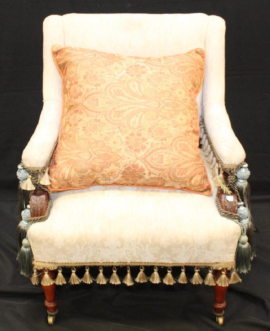 Victorian Slipper Chiar: walnut carved frame with damask upholstery, 35" x 27"
