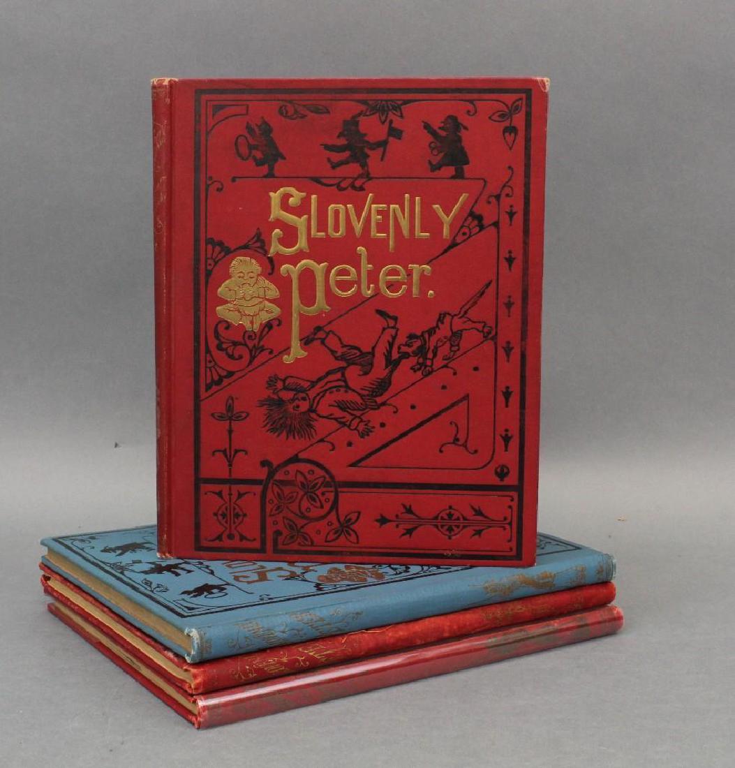 Slovenly Peter, or Cheerful Stories and Funny Pictures: Henry Hoffmann Philadelphia, Early 20th c. John C. Winston Publishing. Hand colored illustrations, illustrated covers, 4 copies, 1 blue cover, 3 red covers, condition: 1 poor, 1 good, 2 very good