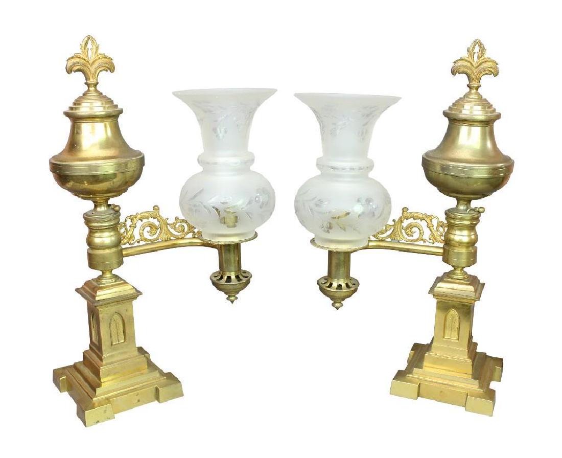 Pr. Cornelius & Co. Argand Lamps: American, 19th c. Cornelius & Co., Philadelphia Gilt bronze 18 1/4" H x 12" W x 5 1/4" D Pair of American, gilt bronze argand lamps with um over bracket arms set on pedestal base with etched glass glo
