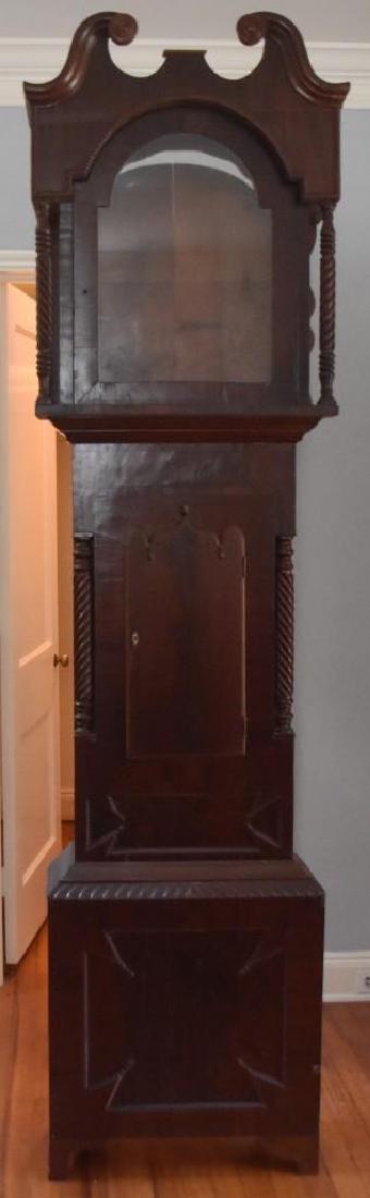 Solomon Parke, Philadelphia, Pa. Flame Mahogany Tall: American, circa 1815 Flame mahogany 98" H x 21" W x 10 1/2" D Tall case clock, raised turned feet, turned columns to each side on trunk & base. The hood has turned columns on each side. White painted
