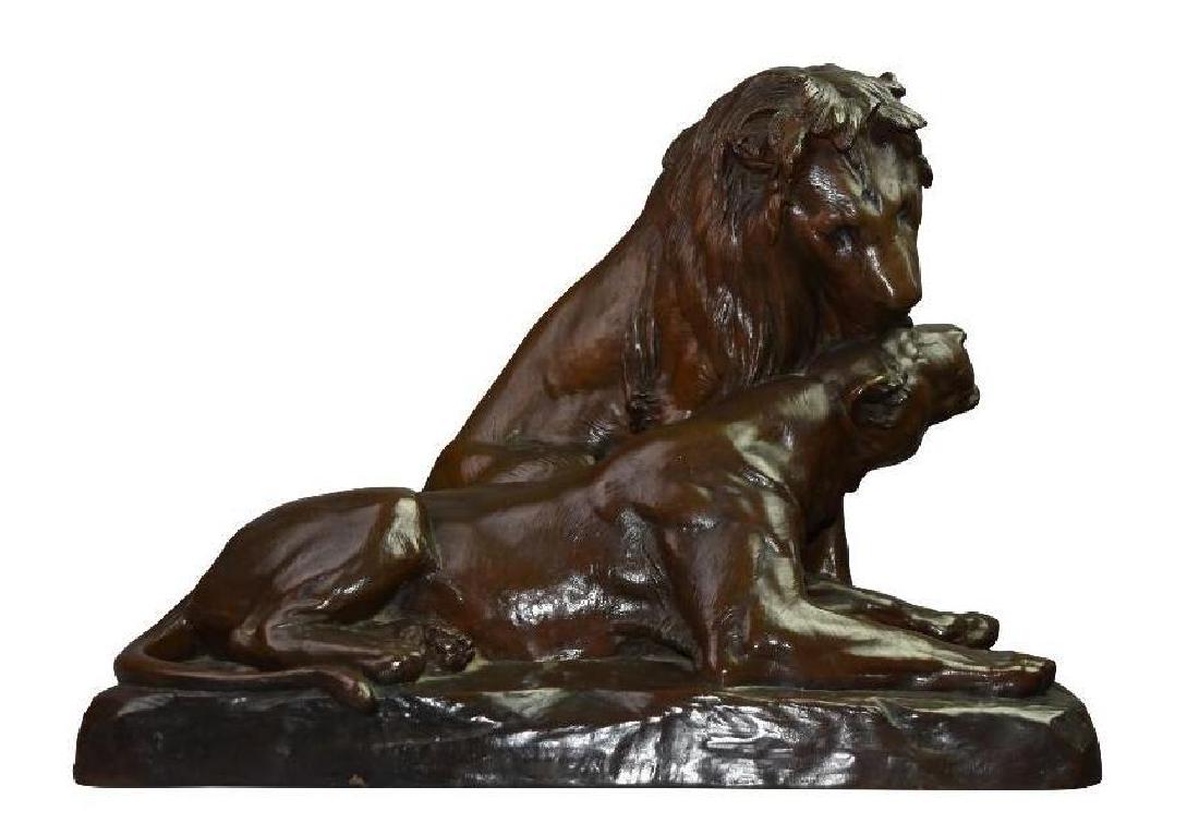 Georges Gardet (French, 1863- 1939): Bronze Signed to base 14" H x 19" W x 9" D Sculpture of male lion seated above a female reclining lion. Purchased from John Pence Gallery, San Francisco, CA