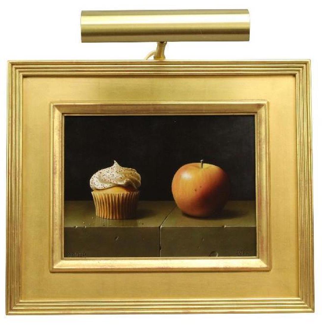 Jacob A. Pfeiffer (American, b. 1974): Oil on board "Dilemma", 2002 Signed lower left, dated lower right 8 3/4'' H x 11" W Still life of an apple and a cupcake