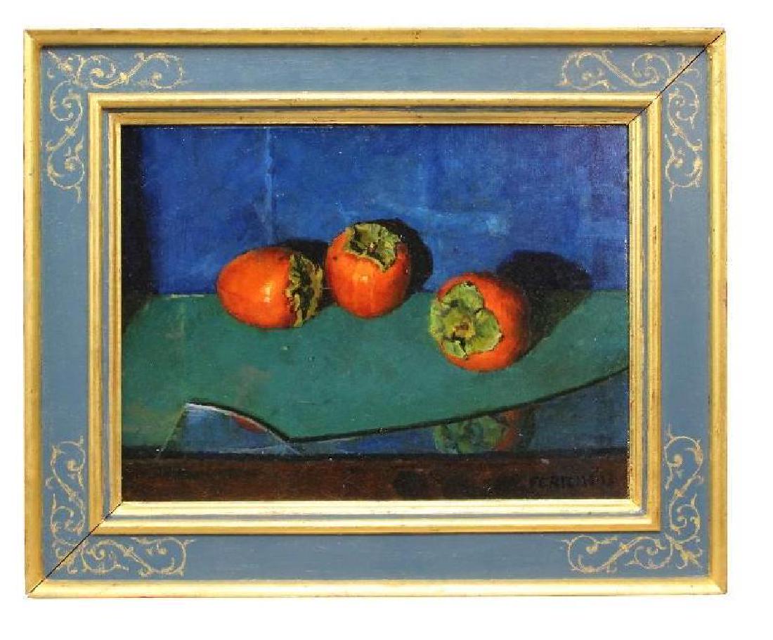 Douglas Ferrin (American, b. 1959): Oil on board 2013 Signed lower right Blue and gold painted wood frame by artist 11 1/2" H x 16" W Still life with three persimmons