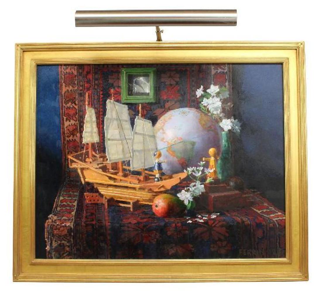Douglas Ferrin (American, b. 1959): Oil on canvas 2012 Signed and dated lower right 21 1/2" H x 27 1/2'' W Still life with wooden boat, globe and mango and a rug