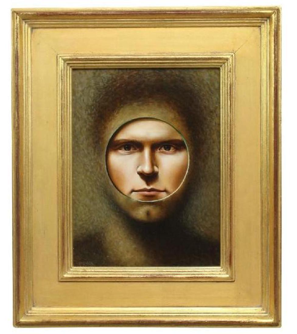 Jacob A. Pfeiffer (American, b. 1974): Oil on panel Study for: "Next Window Please", 2002 Signed lower left 12" H x 9" W Image of a man's face behind a window with circular opening