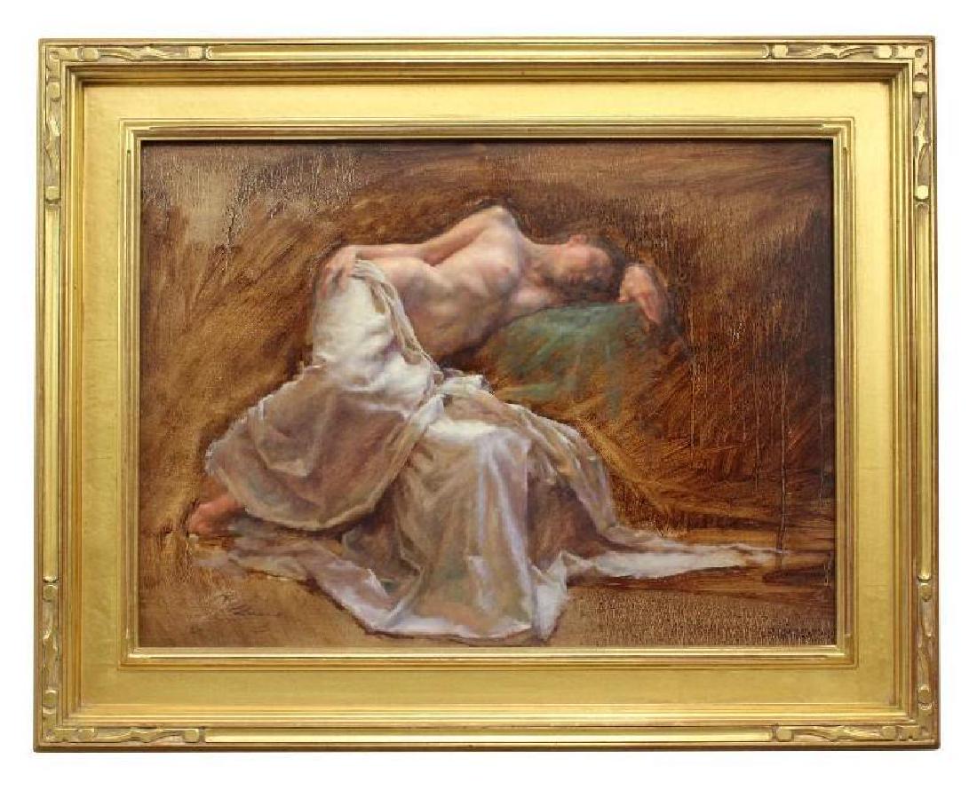 Robert Liberace (American, b. 1967): Oil on board "Maenad Resting", 2010 Signed lower right 12 3/4" H x 17 3/4" W Female nude with drapery reclining