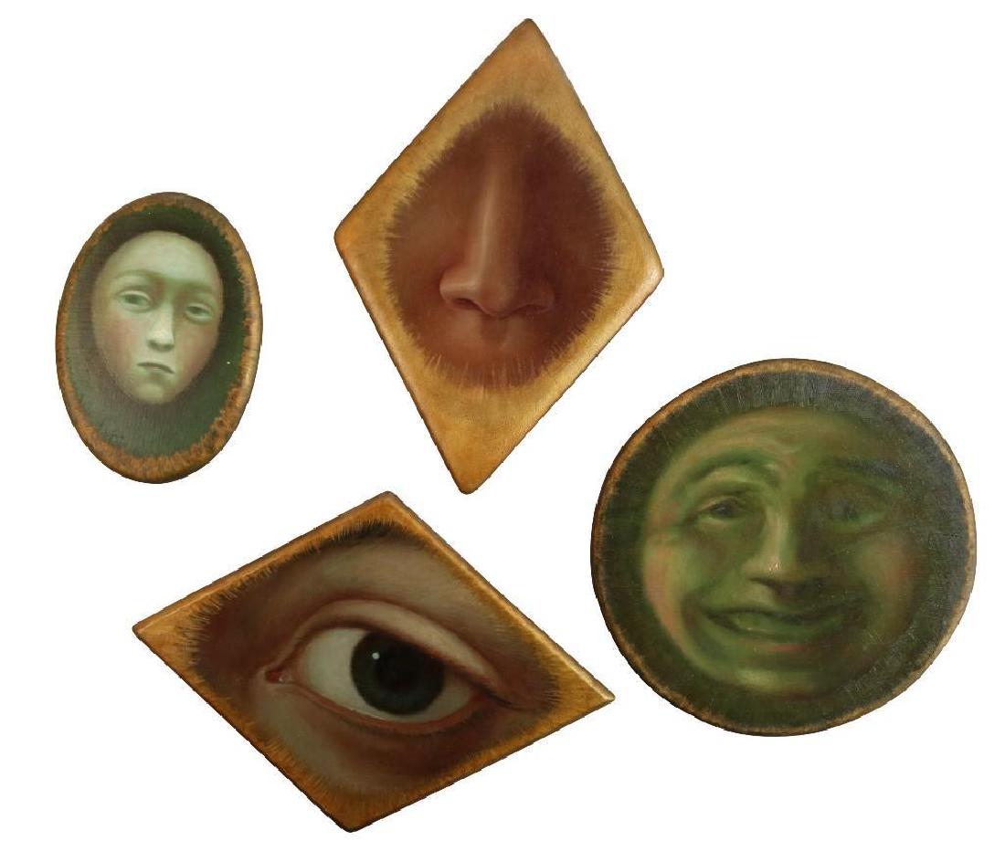 Wade Shuman (American, b. 1962): Oil on board/panel Unsigned Sizes vary 3"- 6" Two circular images of faces, one diamond image of a nose and a diamond shaped image of an eye