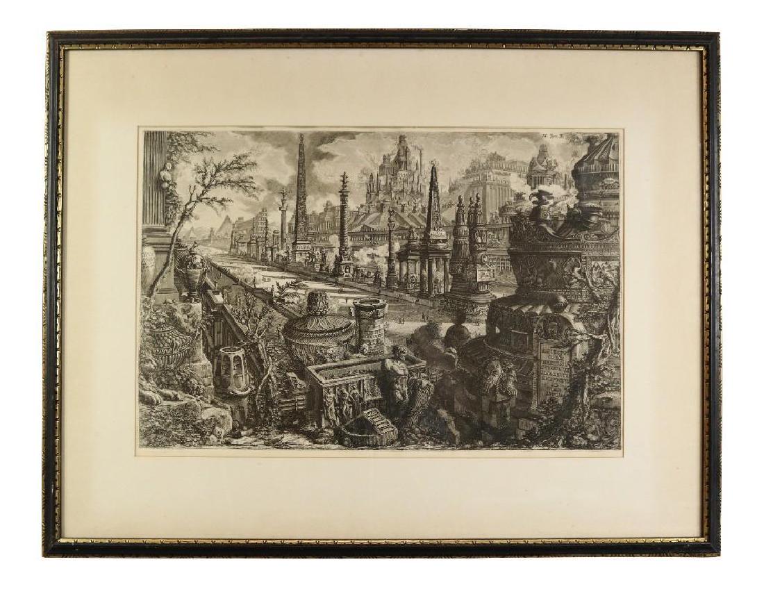 Giovanni Battista Piranesi (Italian, 1720 - 1778): Etching 19th c. Signed, titled and inscribed 26" H x 34" W Piranesi Architectural print Multiple buildings.