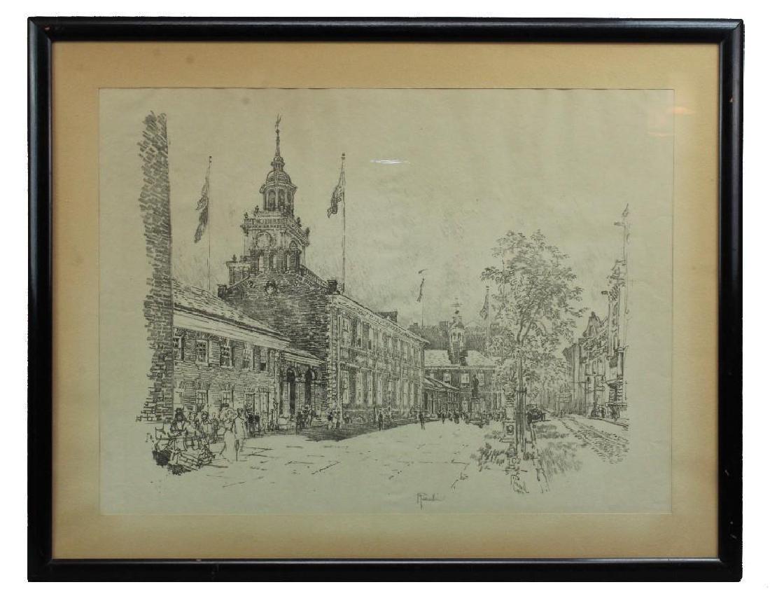 Joseph Pennell (1857 - 1926): Etching Early 20th c. Signed out of block lower center 9 1/2" H x 12 1/2" W View of the state house in Philadelphia, PA