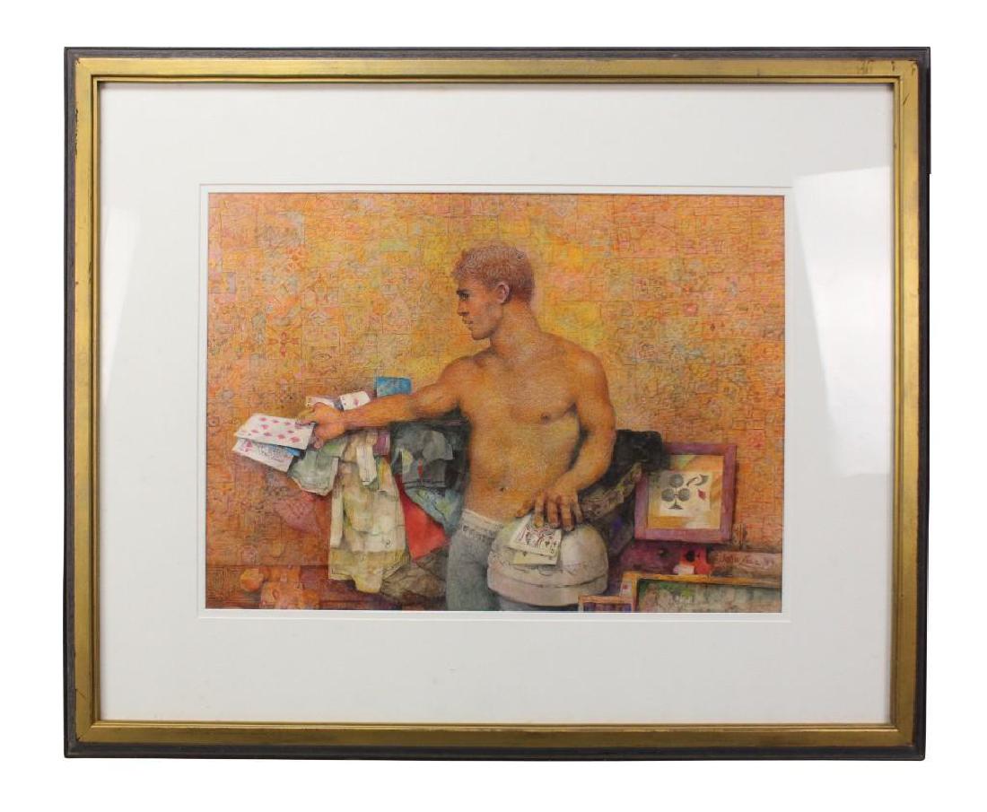 John Lear Jr (American, 1910 - 2008): Watercolor "Back to the wall of memories", 1999 Signed and dated lower right 14" H x 19" W Interior of a shirtless male Purchased from the Hahn Gallery, Philadelphia PA