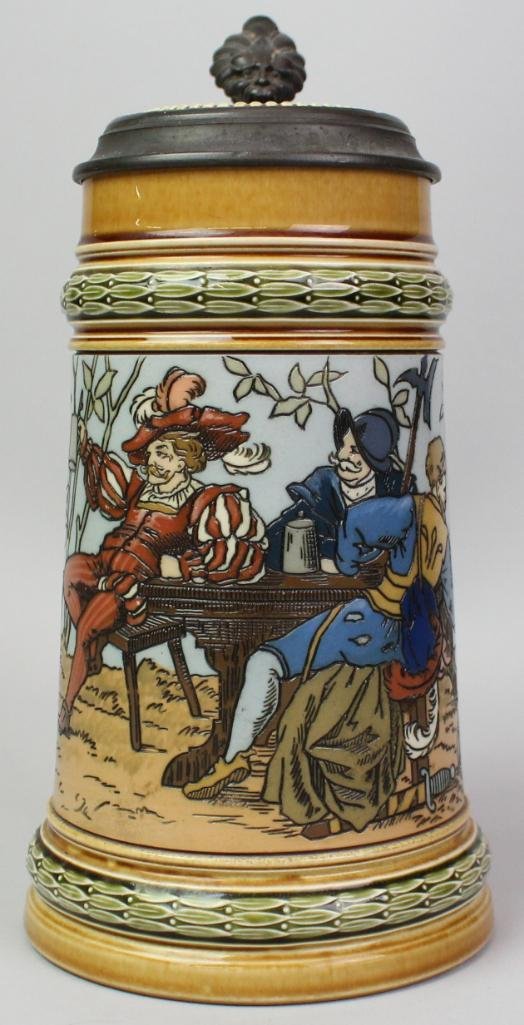 Mettlach Stein: "Old German Drinking Group" 9"H X 4 1/2"D 1/2L