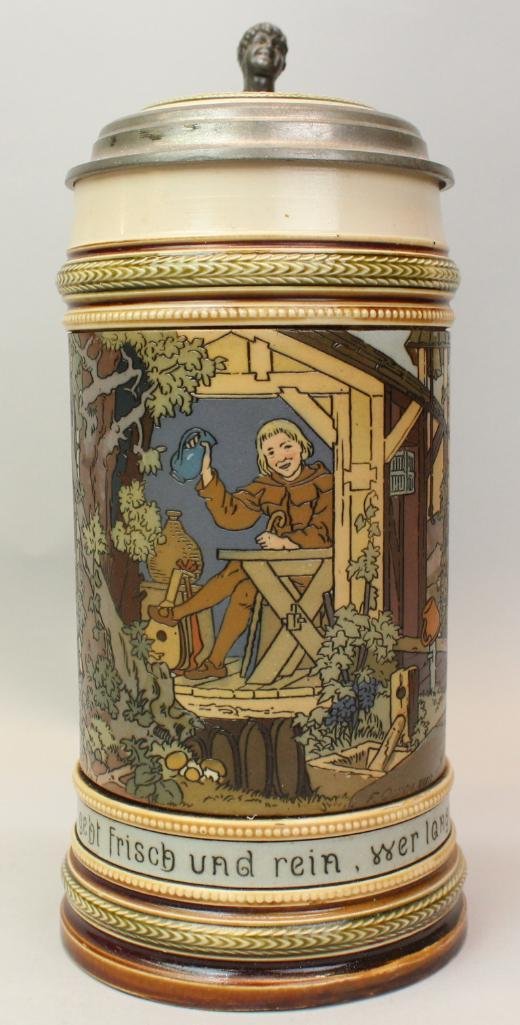 Mettlach Stein: "Minstrel Drinking" 9 1/2"H x 4 1/4"D 1/2L